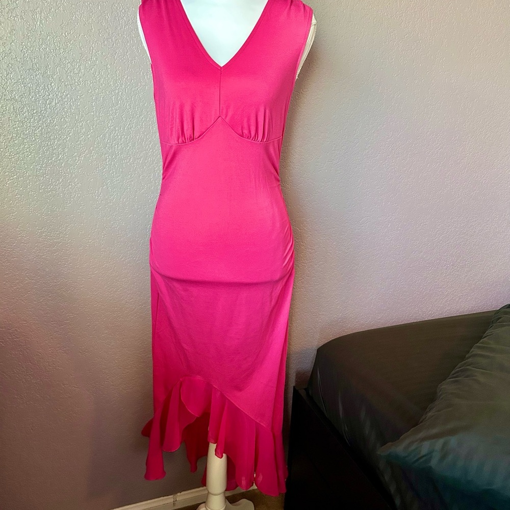 Grace Karin Hot Pink Sleeveless V-Neck Maxi Dress with Ruffle Hem